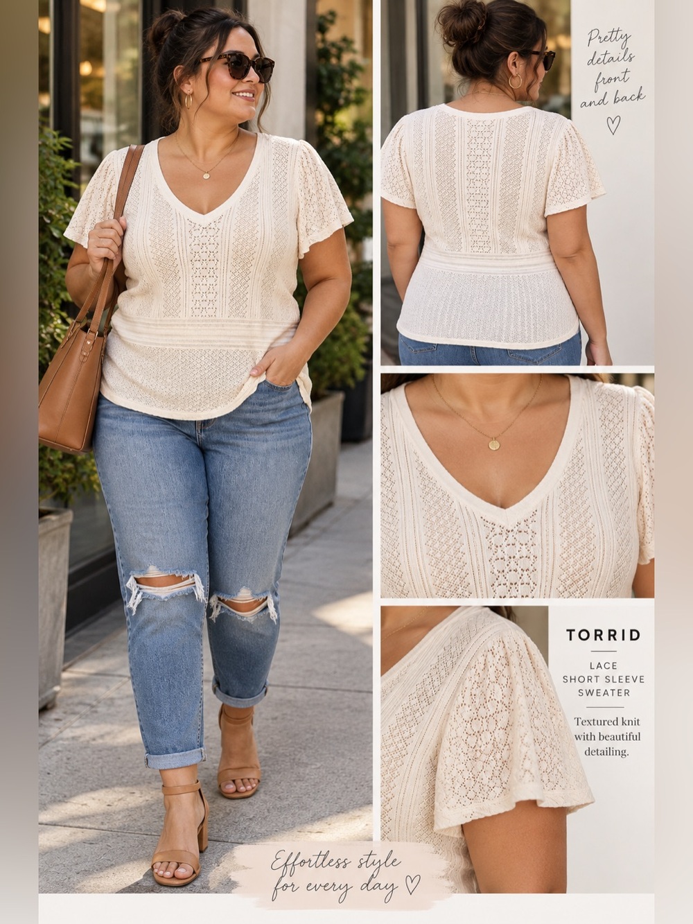 Torrid Size 1 Cream Lace Open Knit Short Sleeve Sweater V Neck